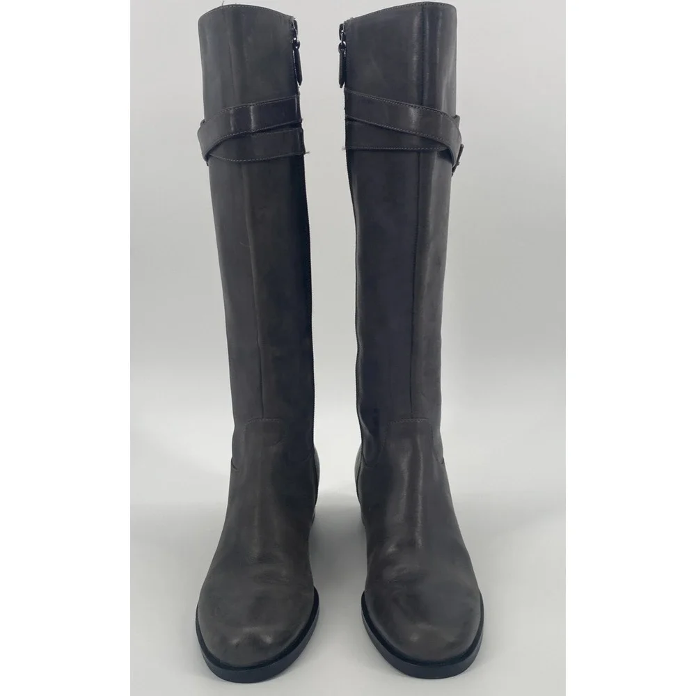 ECCO Sullivan Riding Boots Gray Leather Knee High Zip up Women's‎ 38/ 7.5
